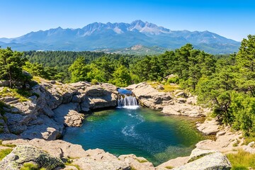 Obraz premium Serene Mountain Waterfall Pool Landscape Stunning View Picturesque Nature Scene Tranquil Waterscape