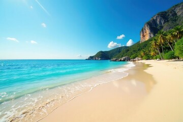 Obraz premium Sunny beach scene with clear blue water and golden sand , summer, sunny day, bright