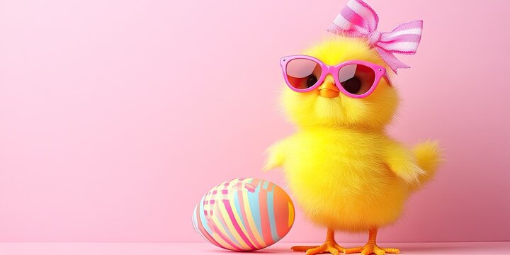 Cute chick with sunglasses and a bow, posing next to a colorful Easter egg