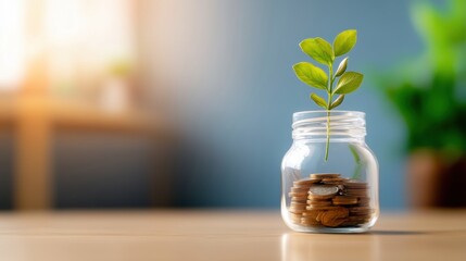 Small glass jar filled with coins supporting a green plant sprouting from soil, symbolizing growth, savings, environmental sustainability, and financial prosperity