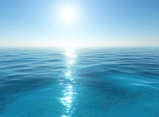 Vast expanse of tranquil turquoise ocean under a brilliant blue sky with a sun shining directly above.  A serene and clear horizon