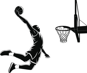 Black and white silhouette of a basketball player dunking
