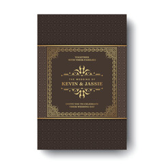 elegant wedding invitation card design with a decorative brown and gold ornamental pattern