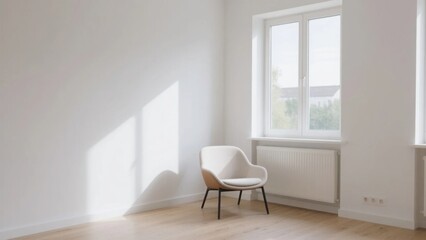 Fototapeta premium Bright Minimalist Living Room Corner Featuring Empty White Wall and Single Modern Armchair, Illuminated by Natural Daylight from Window