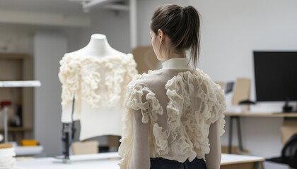 AI generator images of modern textile production scene showcasing sustainable fashion and personalized clothing. The image should include a bright and clean factory with automated sewing machines