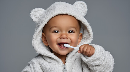 Cute baby boy in bathrobe with toothbrush isolated on grey