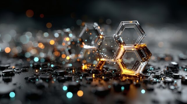 Futuristic holographic interface with glowing circuitry and interactive hexagonal patterns layered across 