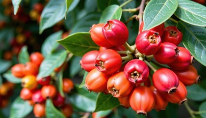 Obraz premium a close up view of a cluster of vibrant red berries from a bush, set against the backdrop of green foliage