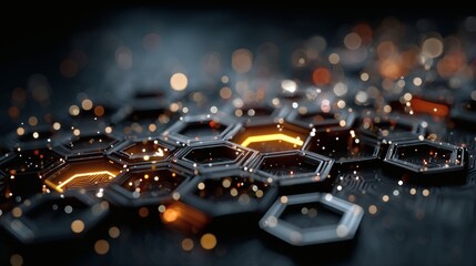 Floating geometric hexagons integrated into a glowing tech circuit board style design on a dark navy gradient 