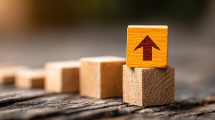 Wooden block with a red arrow pointing upward symbolizing the elevation of perception and strategic growth focus