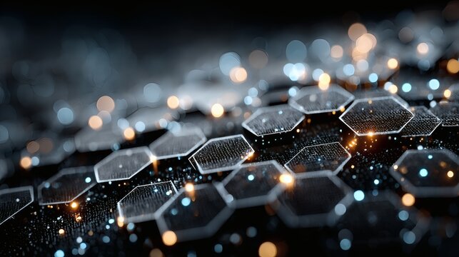 Electric blue technology mesh with luminous circuits and geometric hexagons on a dark tech-themed background 