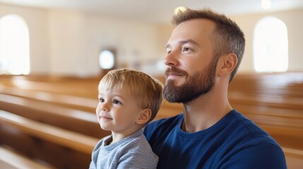 Father and son enjoying quality time together in a serene church setting during a calm afternoon