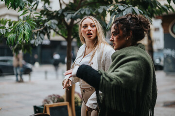 Two women are having a discussion in an urban outdoor setting, surrounded by trees and pedestrians....