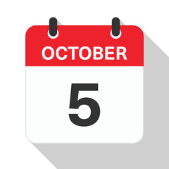 October 5 Daily Calendar. Red Theme on White Background.