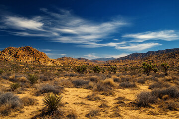 Naklejka premium Desert landscape under a vibrant blue sky with fluffy clouds rocky mountains and desert vegetation