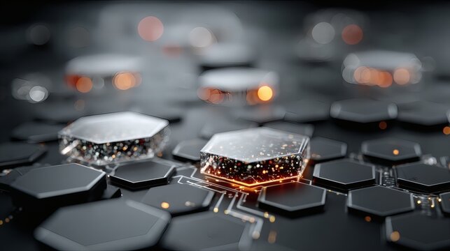 Circuit-inspired tech interface with radiant circuitry and transparent hexagonal design elements floating above 