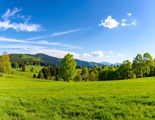 Obraz premium A realistic landscape. A vivid blue sky with a few soft clouds, a wide green grassy field in the foreground
