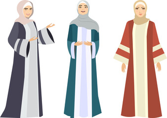 Muslim woman in hijab. Beautiful girls in beautiful dresses.   Modern Muslim women in traditional hijabs. Vector people. Color vector illustration