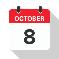 October 8 Daily Calendar. Red Theme on White Background.