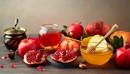 Manzanas, granadas y miel en la mesa festiva como s&iacute;mbolo de Rosh Hashan&aacute;, el A&ntilde;o Nuevo jud&iacute;o. Platos tradicionales. Copiar espacio.
