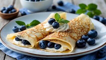 Delicious homemade crepes filled with blueberries and cream