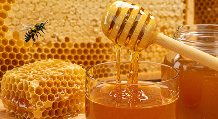 Honey drips from a wooden dipper into a glass surrounded by honeycomb and bees by a warm light source