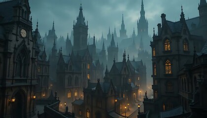 Fototapeta premium Misty cityscape features gothic architecture, shrouded in fog with warm light emanating from within.