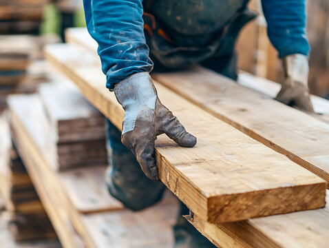 Worker Handling Wooden Planks at Construction Site