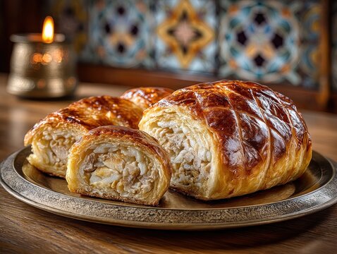 Savory hnkar brek reveals flaky layers in a candlelit Ottoman setting adorned with intricate tilework