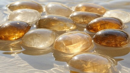Smooth, translucent stones in varying shades of amber and white float on calm, shallow water