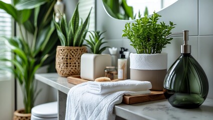 Fototapeta premium Elegant bathroom decor with natural elements and plants