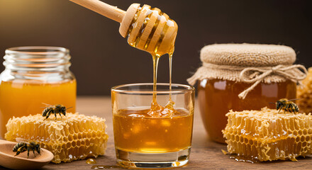 Honey drips from a wooden dipper into a glass surrounded by honeycomb and bees by a warm light source