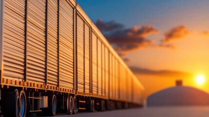 Fototapeta premium Long freight train with numerous cargo containers traveling du sunset on a railway tracks with orange sky and clouds, industrial transportation scene