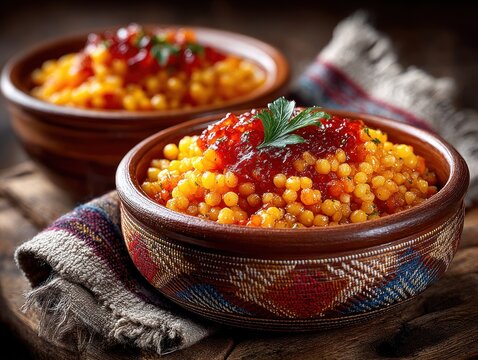 Colorful ksr bulgur salad sits in a ceramic bowl on a woven mat, capturing the earthy flavors in soft sunset light