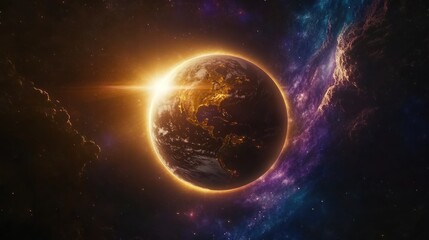 Obraz premium Earth bathed in golden light, surrounded by cosmic nebulae