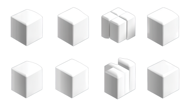 Eight White 3d Cubes With Various Angles And Perspectives On A Transparent Background
