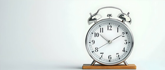 White Alarm Clock On Wooden Base Against White Background