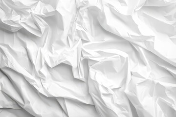 Fototapeta premium Crumpled white fabric texture fills frame with stark light and shadows. Background for designs, textures, backdrops, or use as artistic elements.