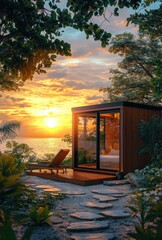 Tranquil sunset cabin by the ocean. Lush tropical garden surrounds a modern wooden cabin