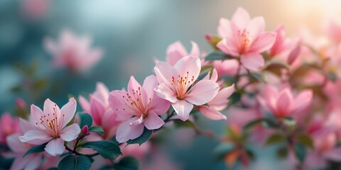 Obraz premium Close Up Pink Azalea Flowers Blooming with Soft Lighting and Teal Background
