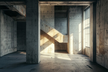 Obraz premium Sunlit concrete interior space with staircase and large window architectural design