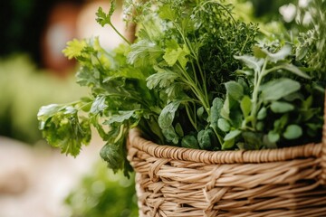 Naklejka premium Fresh Herbs in Woven Basket, Culinary Delights, Garden Harvest, Close-Up of Aromatic Plants, Healthy Cooking Ingredients