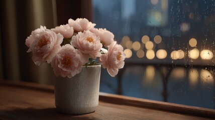 Serene Pink Peonies in a Pot on a Rainy Night Windowsill