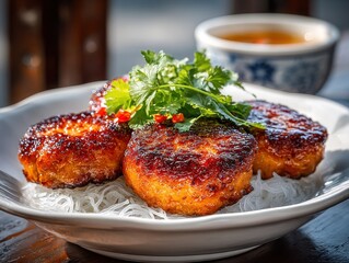 Delicious bun cha features grilled pork patties on vermicelli noodles, surrounded by fresh herbs under hanging lanterns