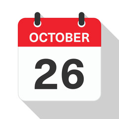 October 26 Daily Calendar. Red Theme on White Background.