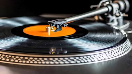 Close-up of a turntable playing a vinyl record, showcasing the needle on the spinning disc