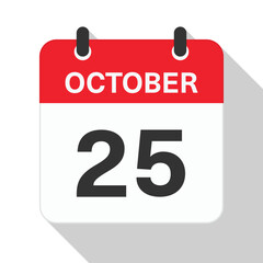 Fototapeta premium October 25 Daily Calendar. Red Theme on White Background.