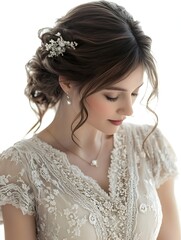 A beautiful bride with elegant updo hairstyle adorned with delicate floral hair accessory looks down wea a beige lace dress.