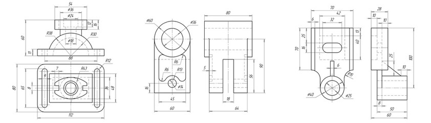 Sketch of steel mechanical
parts with through holes and dimensional lines.
Background with engineering cad scheme.
Technical pencil hand drawn assembly drawing
on white paper sheet. Technology design.