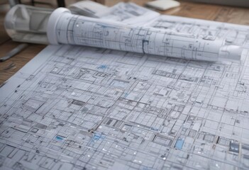 Blueprint photo mockup with grid overlay  Architectural design template , effect, draft, construction plan